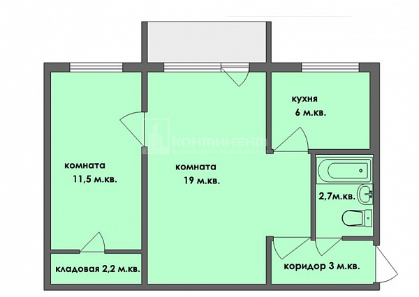 2-к квартира, 44.4 кв.м.