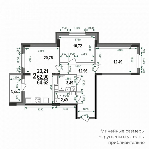 2-к квартира, 64.62 кв.м.