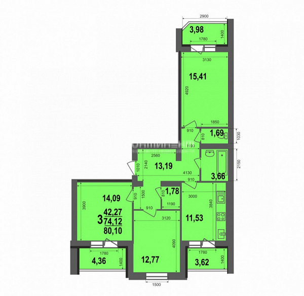 3-к квартира, 74.5 кв.м.