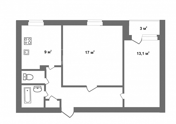 2-к квартира, 55 кв.м.