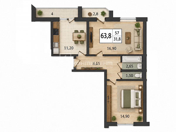2-к квартира, 57 кв.м.