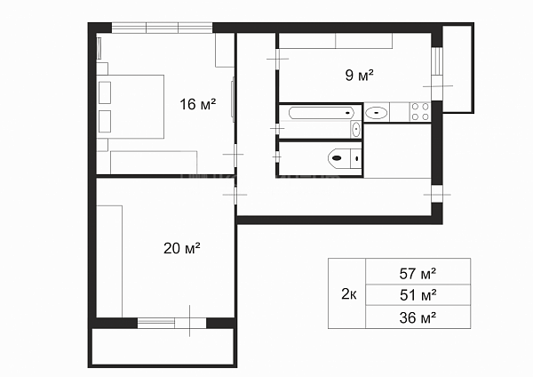 2-к квартира, 58 кв.м.