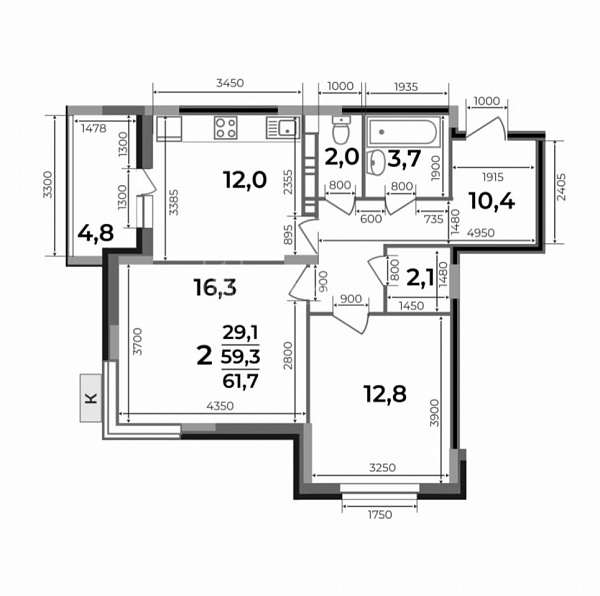 2-к квартира, 61.7 кв.м.