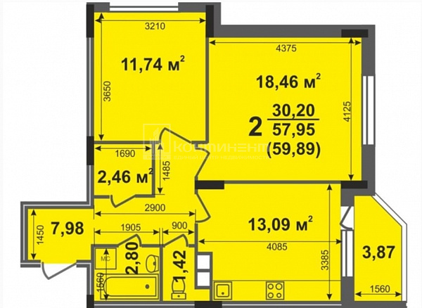 2-к квартира, 58.2 кв.м.